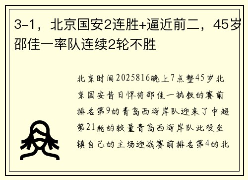 3-1，北京国安2连胜+逼近前二，45岁邵佳一率队连续2轮不胜